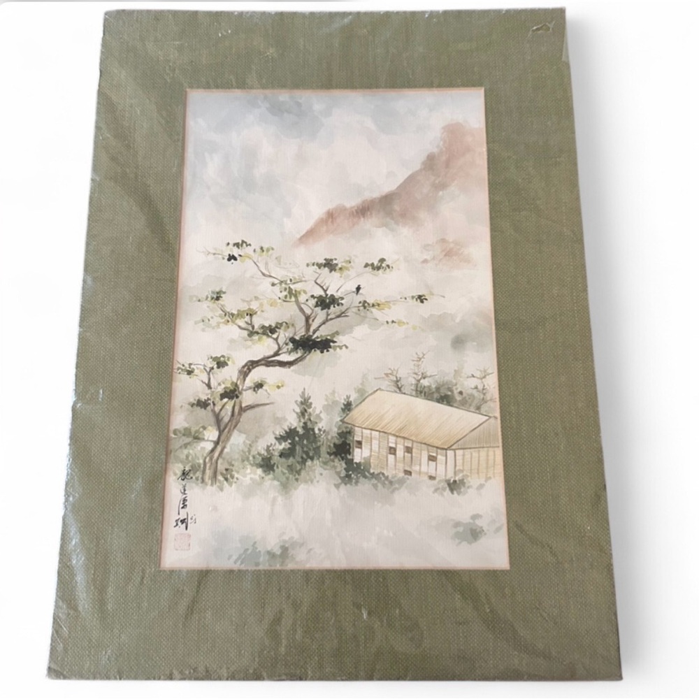 Vintage Chinese Mountain Village Landscape Painting Framed Watercolor Art